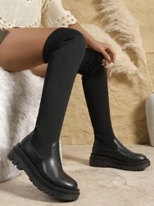 Round Toe Chunky Heel Tall Boots For Women, Autumn/Winter, Leather Upper, High Shaft, High Heel, Knit Splice Sock Shaft, Retro Riding Boots - Black Long - View 3