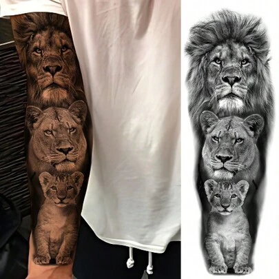 1 Sheets Extra Large Full Arm Size Body Art Temporary Tattoo Stickers For Men, Black 3d Solid Style Lion Father Mother Child Family Pattern, Waterproof Fake Sleeves Tattoos, Lasts 2-5 Days, Covering Scars, Can Be Used On Arms Wrist Shoulders Legs Waist Neck Hand Chest Thighs Finger, Body Art Cosplay Party Gift