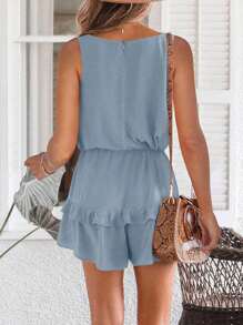 Womens V Neck Beach Tank Rompers Flowy Ruffle Layered Shorts Jumpsuit High Waist - Màu xanh lam - Xem 2