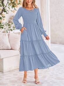 Women's Spring/Summer Bohemian Long-Waisted Dress Casual Long-Sleeved Tiered Ruffles Flowing Swiss Polka-Dot Pleated Dress With Pockets