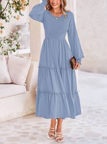 Women's Spring/Summer Bohemian Long-Waisted Dress Casual Long-Sleeved Tiered Ruffles Flowing Swiss Polka-Dot Pleated Dress With Pockets