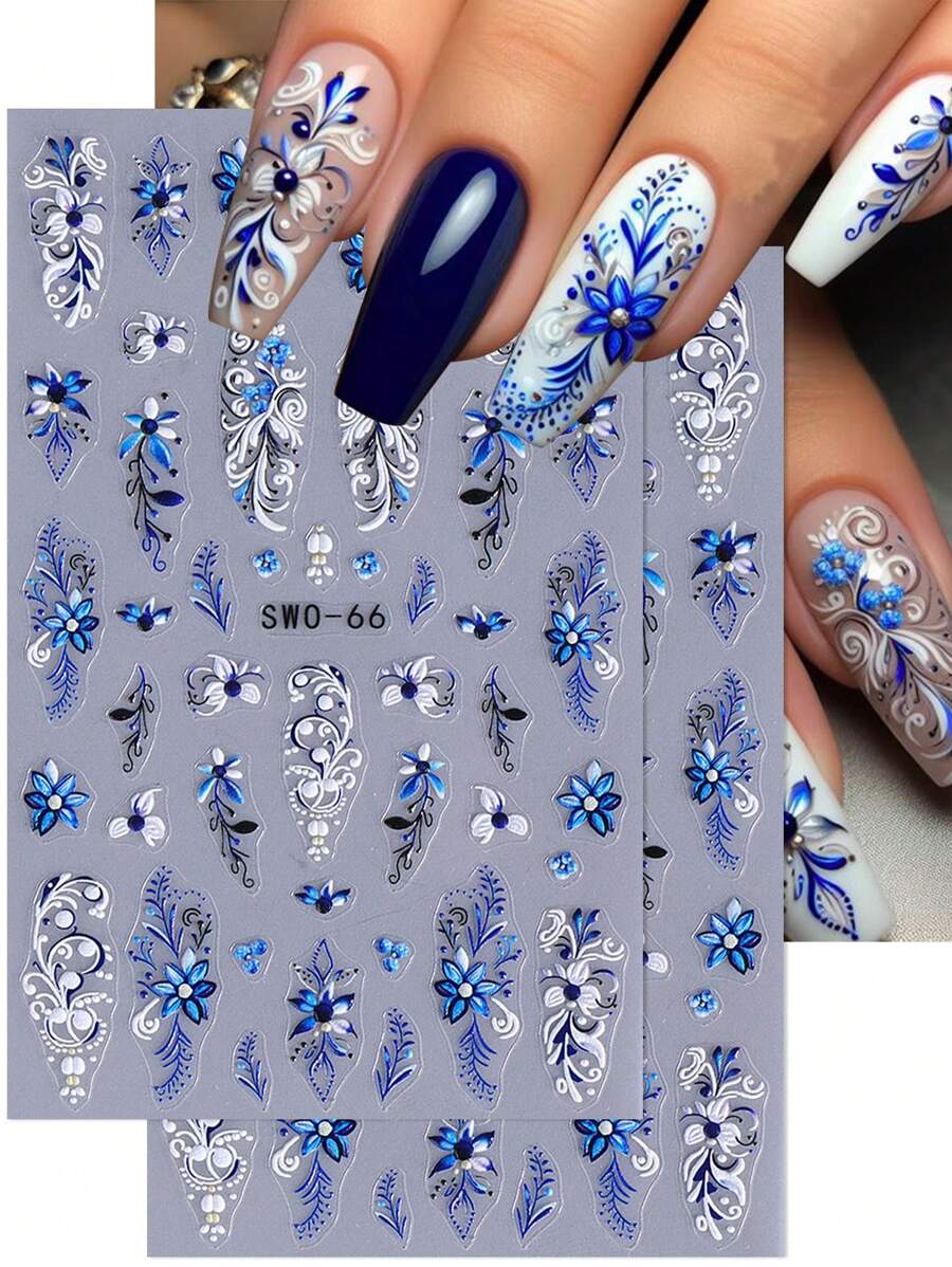 2片蓝色花卉5D立体美甲贴纸，渐变花藤美甲设计，纹理花瓣印花，全覆盖美甲贴纸，美甲装饰用品 - 彩色 - 查看 1