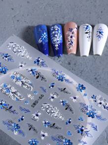 2片蓝色花卉5D立体美甲贴纸，渐变花藤美甲设计，纹理花瓣印花，全覆盖美甲贴纸，美甲装饰用品 - 彩色 - 查看 7