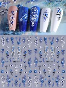 2片蓝色花卉5D立体美甲贴纸，渐变花藤美甲设计，纹理花瓣印花，全覆盖美甲贴纸，美甲装饰用品 - 彩色 - 查看 4