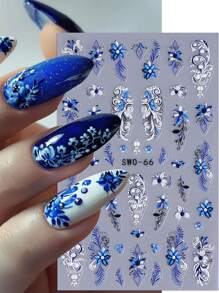 2片蓝色花卉5D立体美甲贴纸，渐变花藤美甲设计，纹理花瓣印花，全覆盖美甲贴纸，美甲装饰用品 - 彩色 - 查看 3