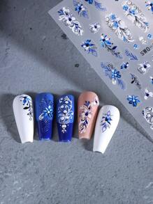 2片蓝色花卉5D立体美甲贴纸，渐变花藤美甲设计，纹理花瓣印花，全覆盖美甲贴纸，美甲装饰用品 - 彩色 - 查看 6