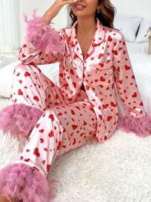 Satin Heart Print Pajama Set Women Long Sleeve Feather Tim Love Pjs Set Button Shirt Top Pants Set Loungewear - 粉色 - 查看 3