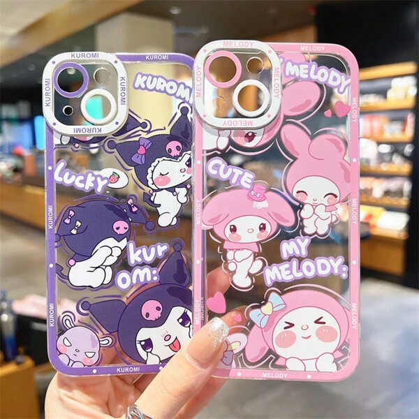 Sanrio Custodia per telefono 16/14, in silicone morbido, con motivo cartone animato della coppia Kuromi e Melody di Sanrio, nuova edizione adatta per 15/13/12/11/XR
