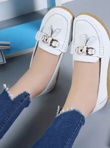 女士低跟乐福鞋，一脚蹬休闲鞋，轻便防滑软底平底鞋 - 白色 - 查看 2