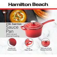 Hamilton Beach Enameled Cast Iron Sauce Pan 2-Quart Red, Cream Enamel Coating, Pot For Stove Top And Oven Cooking, Even Heat Distribution, Safe Up To 400 Degrees, Durable - Red - View 2