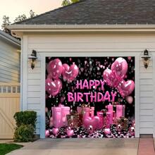 1 Piece, Happy Birthday Party Background Cloth - Bright Black With Pink Rose Gold Heart Shape, Sparkling Balloons And Retro Elements Of Queen's Hall, Polyester, Suitable For Living Room Decoration, Outdoor Celebrations, Live Streaming And Photo Booths, Party Banners