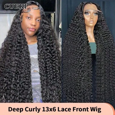 CUEKI 200% Density 13x6 Deep Wave Lace Front Wigs Human Hair Protein Mix Wig 13x6 Lace Deep Curly Frontal Wigs Pre Plucked For Women(Bob Wig 6inch)