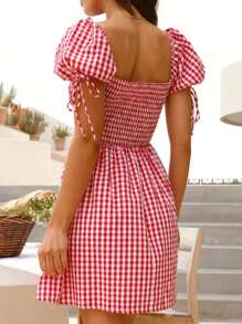 Women's Cute Playful Strawberry Check Bowknot Puff Sleeve Off Shoulder Square Neck Waisted A-Line Short Dress - Red - View 2