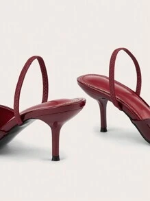 酒红色漆皮闭趾粗跟穆勒鞋，适合婚礼派对，优雅，猫跟 - 酒紅色 - 查看 4
