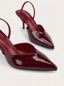 酒红色漆皮闭趾粗跟穆勒鞋，适合婚礼派对，优雅，猫跟 - 酒紅色 - 查看 5