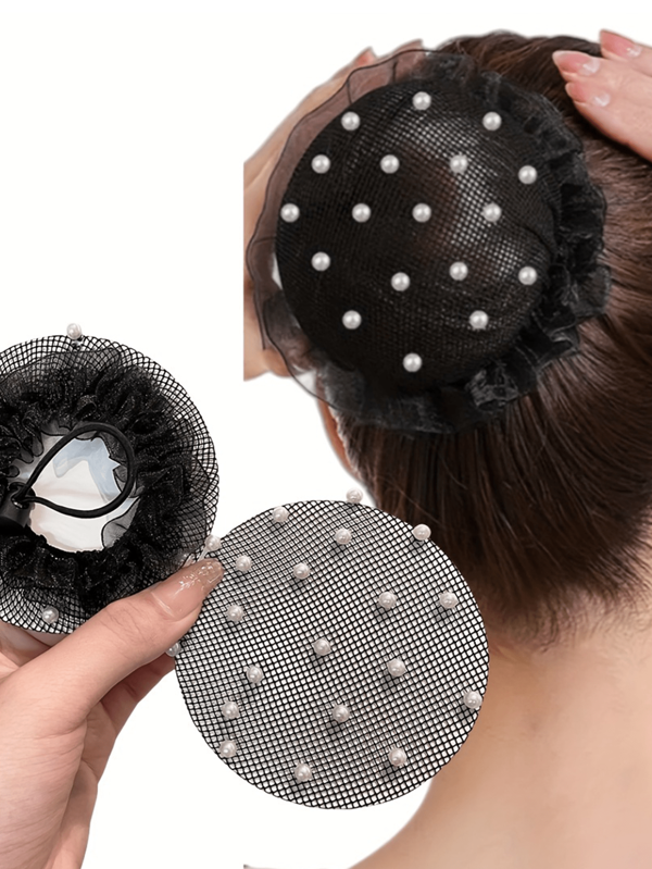 2pcs Set Elegant Bun Covers With Faux Pearls - Reusable Elastic Nylon Hair Nets For Women, Suitable For Ballet, Dance Training, Yoga, Pilates, Ponytail, Indoor Fitness ,Hair Styling Tools