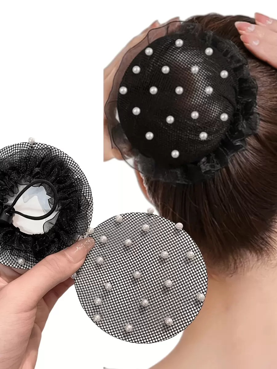 2pcs Set Elegant Bun Covers With Faux Pearls - Reusable Elastic Nylon Hair Nets For Women, Suitable For Ballet, Dance Training, Yoga, Pilates, Ponytail, Indoor Fitness ,Hair Styling Tools Hair Accessories For Barber Salon Beauty Travel Essential Hair Products,Hair Cares,Hair Accessories - Multicolor - View 1