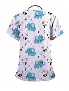 Conjunto de ropa de trabajo para uniformes de hospital con estampado de dibujos animados que incluye blusas y pantalones para clínicas dentales, spas de belleza, cirugías y otros trabajos - Multicolor - Ver 4