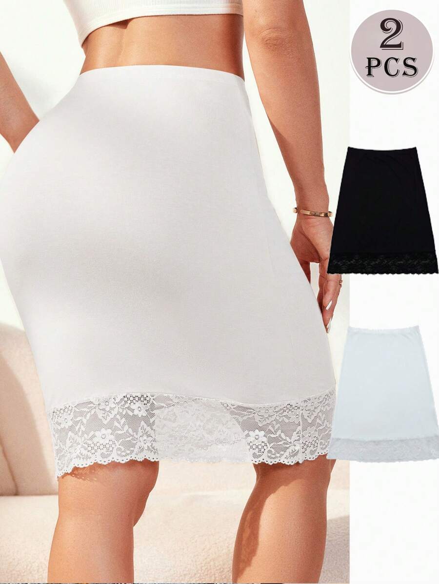 2件装防透明蕾丝女式紧身胸衣裙防眩光衬里裙高弹舒适塑身打底裙 - 彩色 - 查看 1