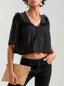Women Short Sleeve Shirts Lace Ruffles Buttons Blouses Summer Loose Casual Tops - Black - View 2