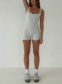 Women's Bodycon Sleeveless Romper Solid Color Ribbed Sleeveless U-Neck Short Slim Jumpsuit