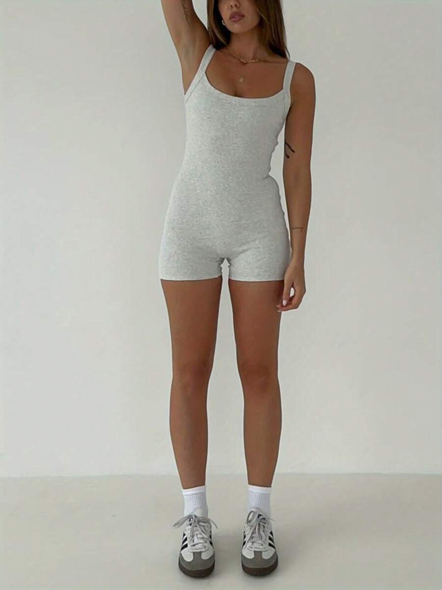 Women's Bodycon Sleeveless Romper Solid Color Ribbed Sleeveless U-Neck Short Slim Jumpsuit