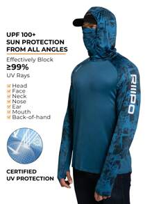 RIIIPO 春夏 RIIIIPO 男士 UPF 100+ 防晒衬衫，高性能钓鱼衬衫，主动排汗，速干，透气，四向拉伸，轻质，抗皱，加长袖，带帽户外运动防晒衣，可折叠防风绑腿，拇指孔，内置超细纤维镜头清洁剂，适用于海滩、划船、徒步旅行、狩猎、水上运动 - 水鴨藍 - 查看 3