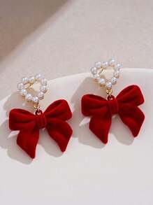 1 Pair Red Velvet Bowknot Heart Earrings With Elegant Pearl Heart Dangle