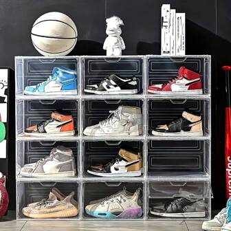 Magnetic Door Large Clear Shoe Box Hard Plastic Stackable, Shoe Containers Shoe Storage Organizer Box With Door, Heavy Side Open Shoe Box For Display Sneakers, Easy Assembly, Doll/Model Kits/Garage Kits Storage Display