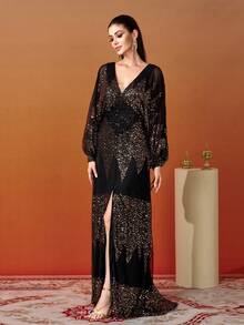 Missord V 领灯笼袖亮片礼服晚礼服宴会礼服婚礼宾客礼服 - 金色 - 查看 7