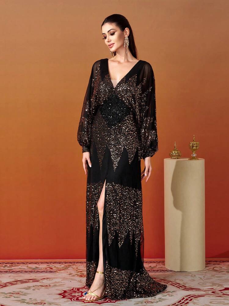 Missord V 领灯笼袖亮片礼服晚礼服宴会礼服婚礼宾客礼服 - 金色 - 查看 6