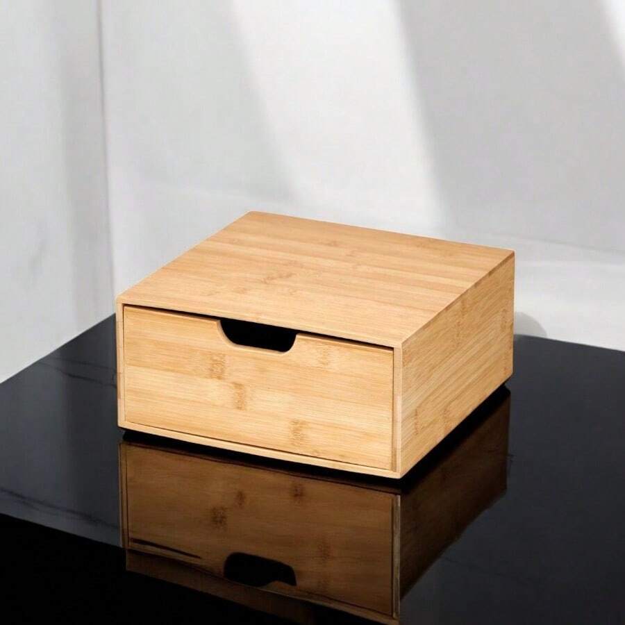 Caja de bambú cuadrada con cajón, 30 x 30 x 10 cm - Amarillo - Ver 1