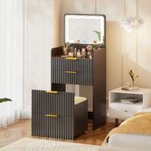HNEBC 3 In 1 Small Vanity Desk With Plip Top Mirror,Makeup Vanity Set With Visible Glass Desktop,Compact Vanity With 3 Drawers,Storage Compartment And Padded Stool,Dressing Table For Bedroom,White - 黑色 - 查看 9