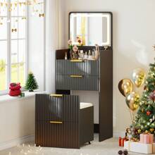 HNEBC 3 In 1 Small Vanity Desk With Plip Top Mirror,Makeup Vanity Set With Visible Glass Desktop,Compact Vanity With 3 Drawers,Storage Compartment And Padded Stool,Dressing Table For Bedroom,White - 黑色 - 查看 1