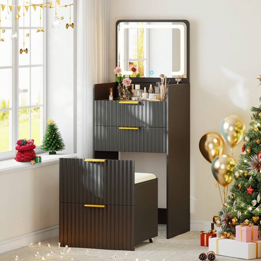 HNEBC 3 In 1 Small Vanity Desk With Plip Top Mirror,Makeup Vanity Set With Visible Glass Desktop,Compact Vanity With 3 Drawers,Storage Compartment And Padded Stool,Dressing Table For Bedroom,White - 黑色 - 查看 1