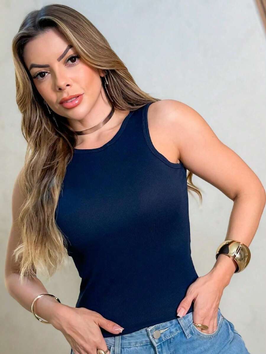 Blouse Model Bottle Ragata Basic Summer/Winter Elegant Casual Ribbed Fabric S M L - Azul - Ver 1