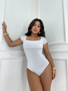 Premium Square Neckline Short Sleeve Bodysuit - White - View 2