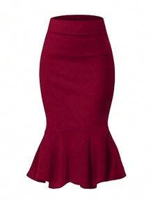 女士高腰及膝鱼尾铅笔裙，修身剪裁，涤纶混纺面料，四季皆宜，适合办公室/通勤穿着，春季 - 酒紅色 - 查看 3