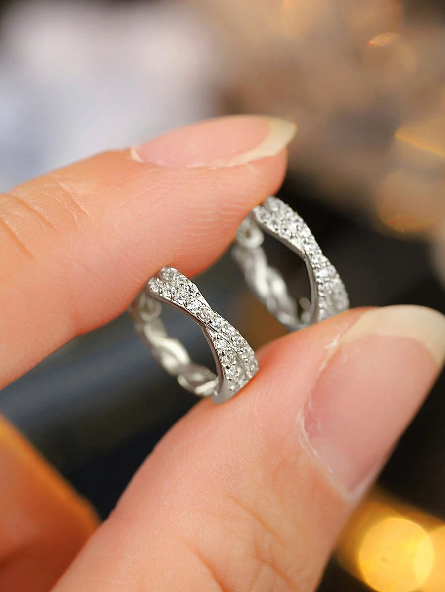 1 对 S925 纯银 14k 镀金精致十字交叉双排密镶钻石扭曲耳钉，适合工作和日常佩戴，随机珠宝盒款式 - 麻花雙圈耳環(1.2cm) - 查看 1