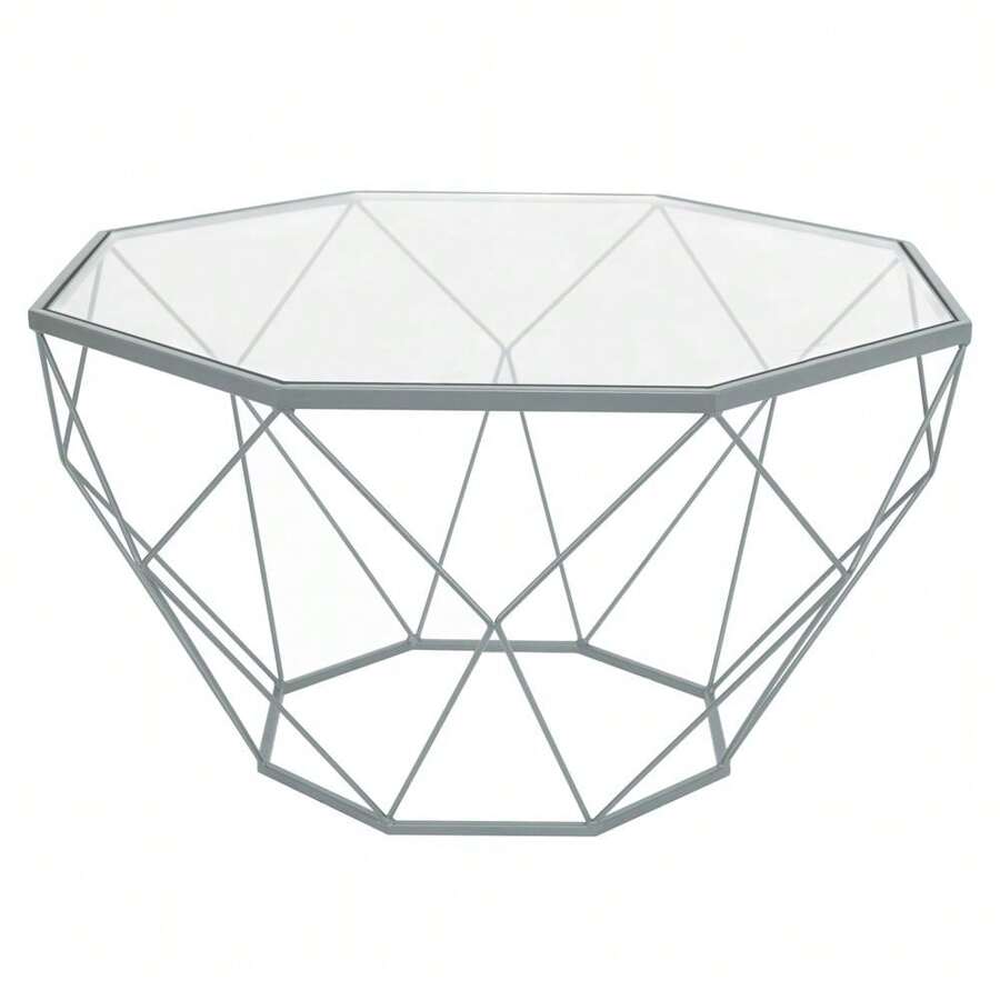 Malibu Large Modern Octagon Glass Top Coffee Table With Geometric Base