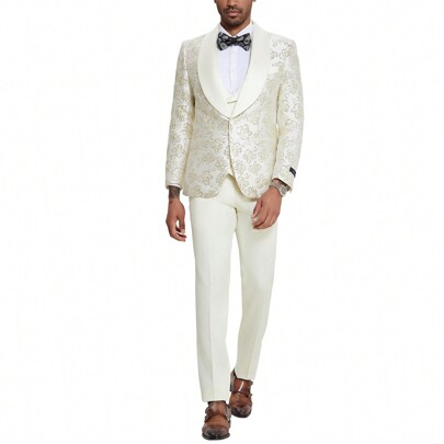 Mens Tuxedo 3pc Floral Satin Shawl Collar With Solid Vest  Pants For Weddings, Prom, Graduations, Etc Tuxedo Set