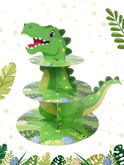 1个纸质恐龙纸杯蛋糕架，三层纸质纸杯蛋糕托架，婴儿派对装饰，恐龙主题生日派对装饰，婚礼用品，节日蛋糕装饰，趣味派对用品