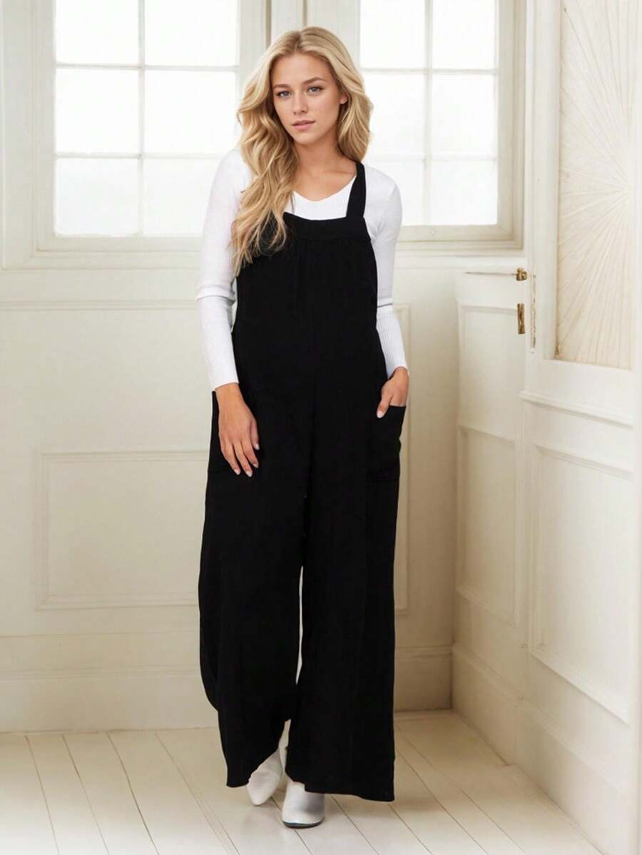 tooluck Women's MaternityJumpsuits Overalls Wide Leg Casual Summer Outfits Linen Rompers Jumpers Sleeveless Straps - màu đen - Xem 1