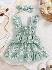 女婴夏季花卉印花荷叶边连衣裙 - 綠色 - 查看 2