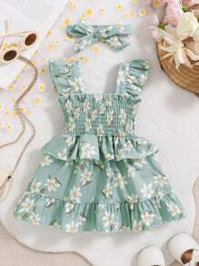 女婴夏季花卉印花荷叶边连衣裙 - 綠色 - 查看 1