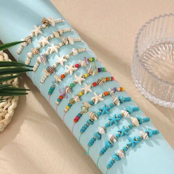 12pcs Ocean Beach Elements Starfish & Turquoise Beads Shells Braided Bracelets