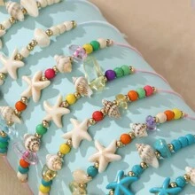 12pcs Ocean Beach Elements Starfish & Turquoise Beads Shells Braided Bracelets