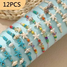 12pcs Ocean Beach Elements Starfish & Turquoise Beads Shells Braided Bracelets