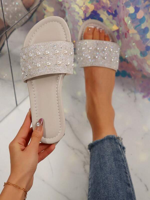 2025 New Women Mule Slippers Summer Outdoor Square Heel Flat Round Toe Rhinestone & Pearl Decor Plus Size Luxury Casual Breathable Non-Slip Sandals, Versatile Valentines