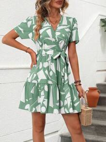 Women's V-Neck Lace-Up Geometric Print Dress, Ruffle Hem Dress - Green - View 4